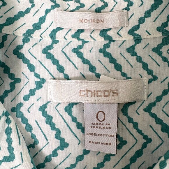 Chicos Button Up Top Size 0 US S Teal Green White Zig Zag 3/4 Sleeve No Iron - Picture 6 of 10
